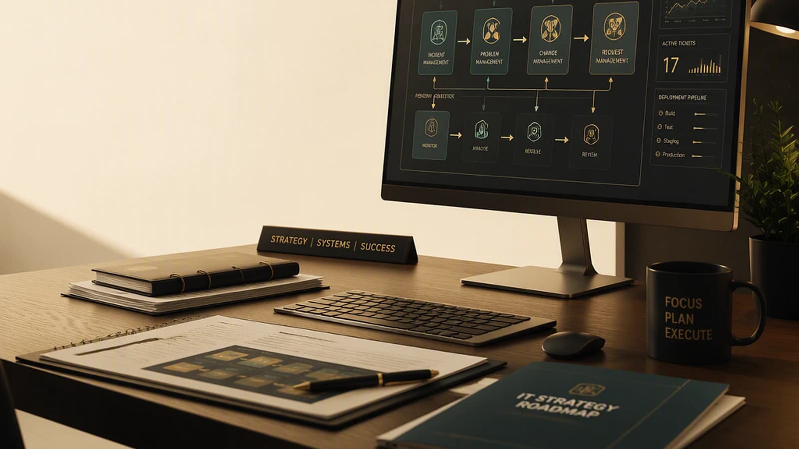 Bureau avec écran affichant des flux de travail informatiques et documents organisés.