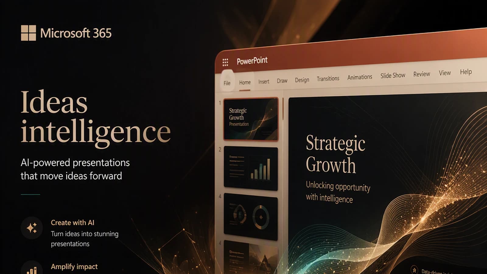 Présentation PowerPoint avec le titre \\\"Strategic Growth\\\" et éléments de design élégant.
