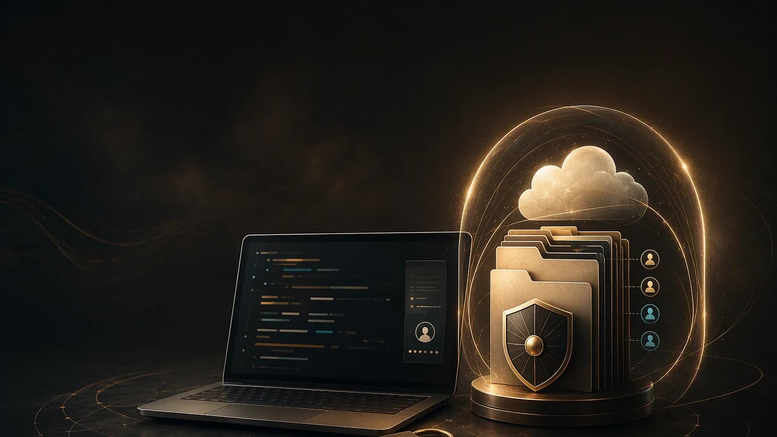 Ordinateur portable et dossiers sécurisés sous un nuage, symbolisant les périmètres d’accès conditionnel Entra.