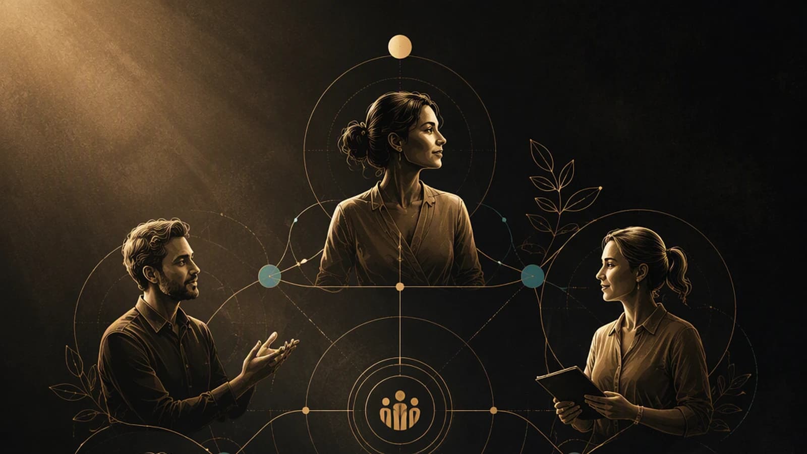 Trois personnes se regardent, entourées de graphiques et de motifs subtils.