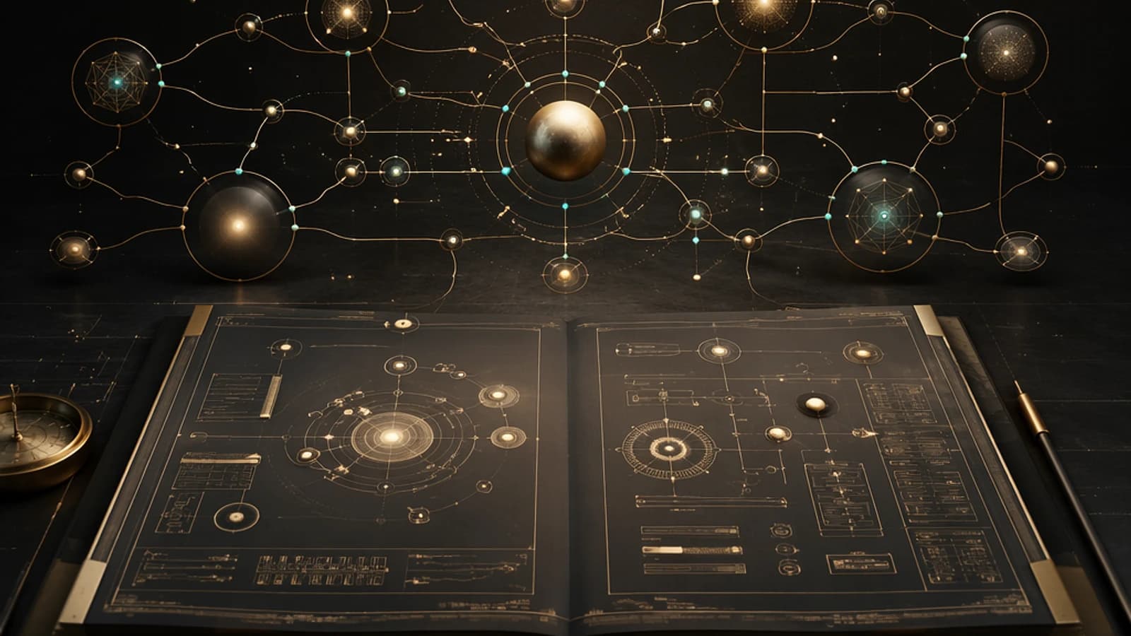Livre ouvert avec des diagrammes techniques sur un fond mystérieux étoilé.