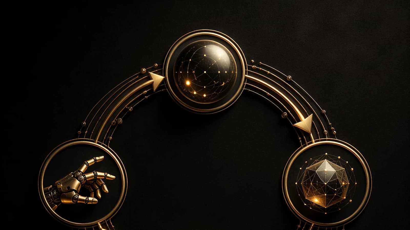 Main robotique dorée et formes géométriques sur fond noir.