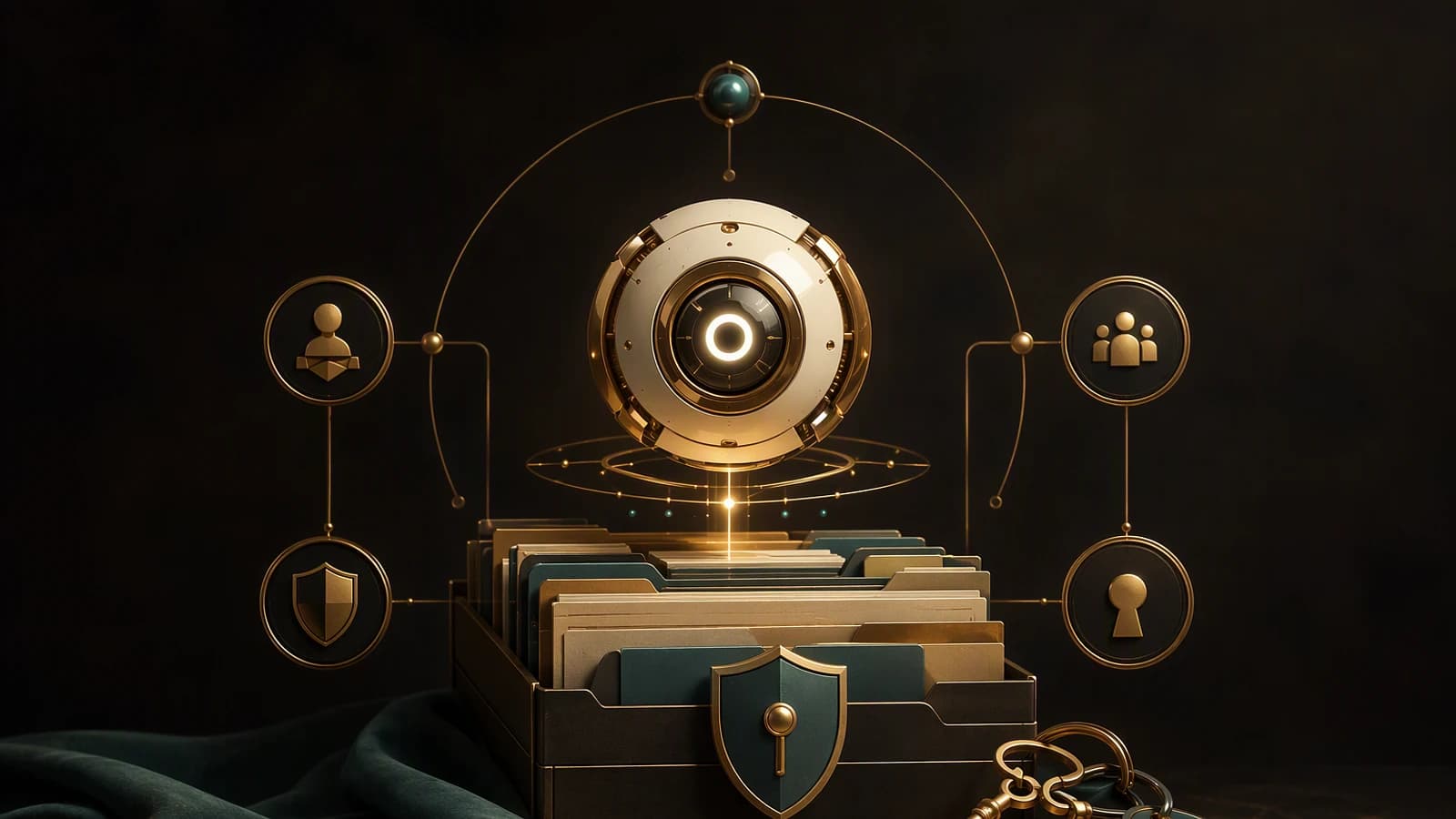 Dossier sécurisé contenant des documents, protégé par un bouclier et relié à des icônes d’utilisateurs, rôles et organisations.