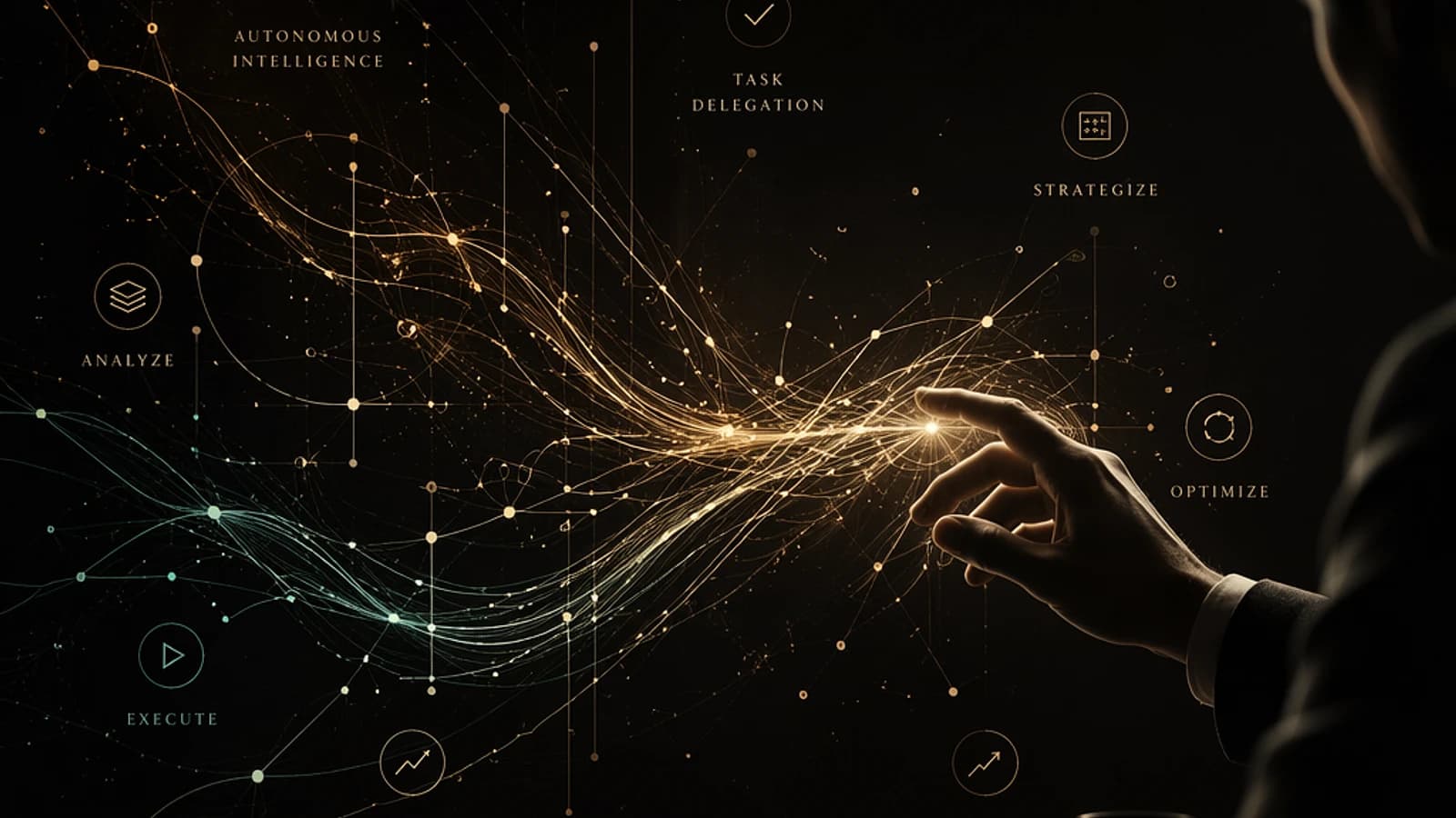 Main d'homme interagissant avec une interface numérique lumineuse et dynamique.