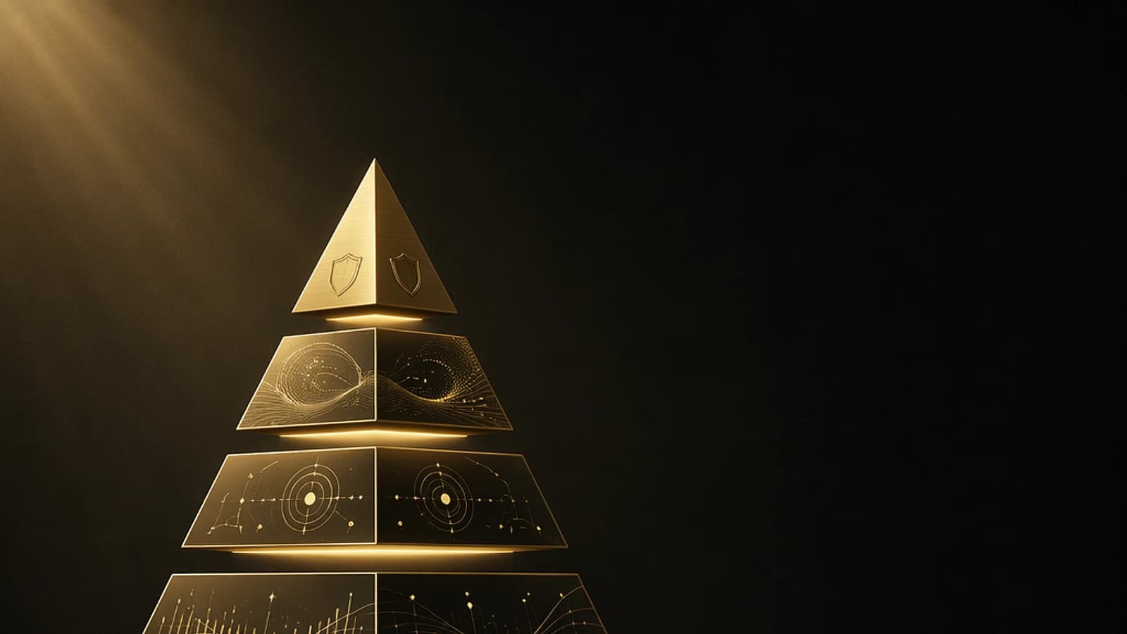 Pyramide dorée stylisée avec des motifs et des boucliers, sur fond sombre.