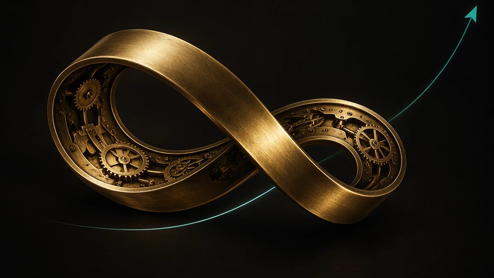 Symbole de l'infini en métal doré avec engrenages, sur fond noir.