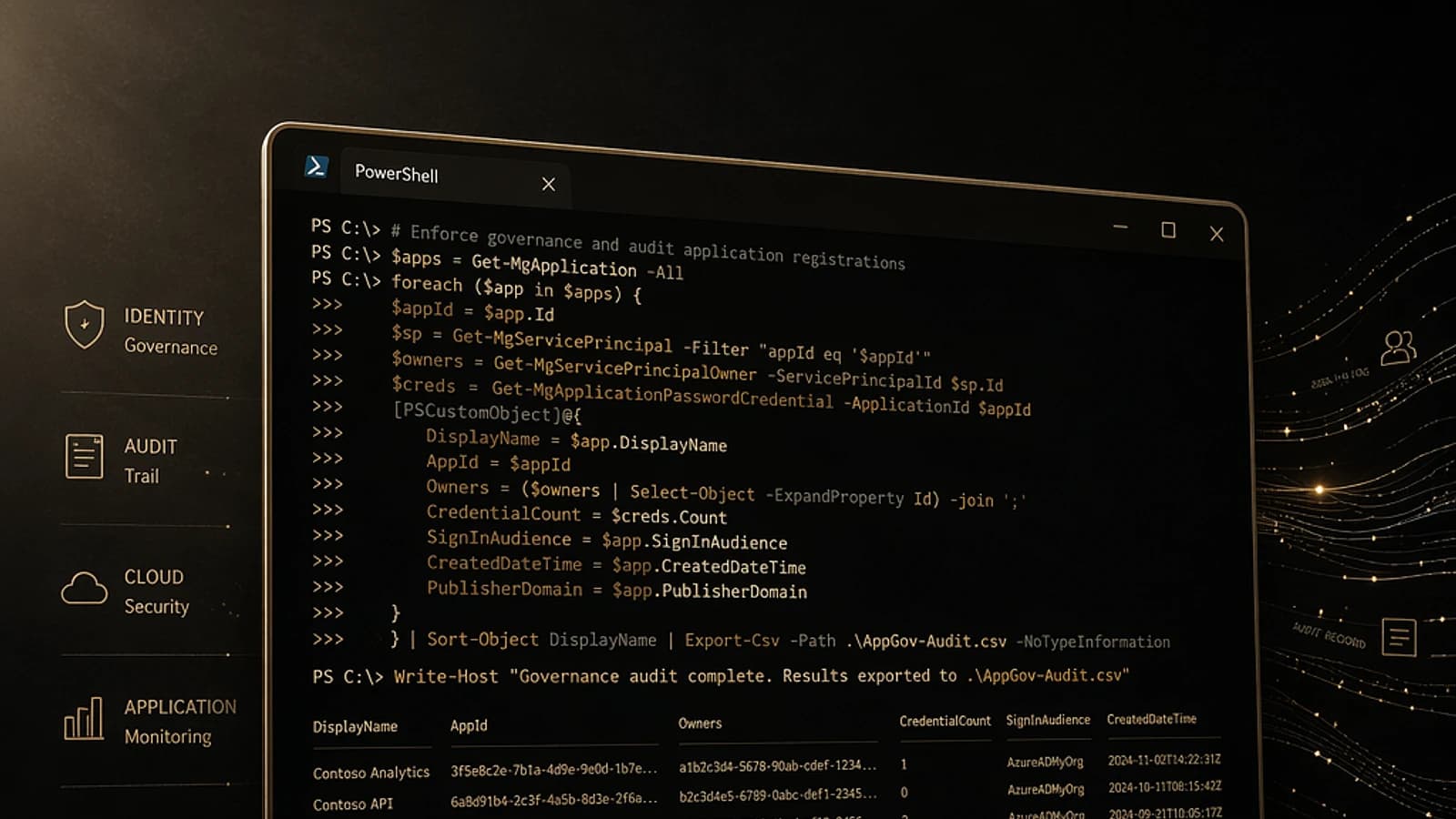 Exécution de scripts PowerShell pour auditer des applications AI et gérer leurs enregistrements.