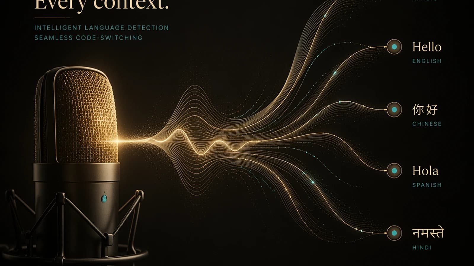 Un microphone avec des ondes sonores et des mots dans plusieurs langues.