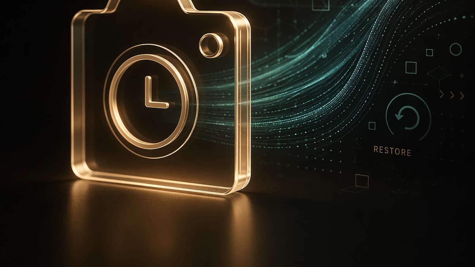 Icône en relief représentant une horloge sur fond numérique abstrait.