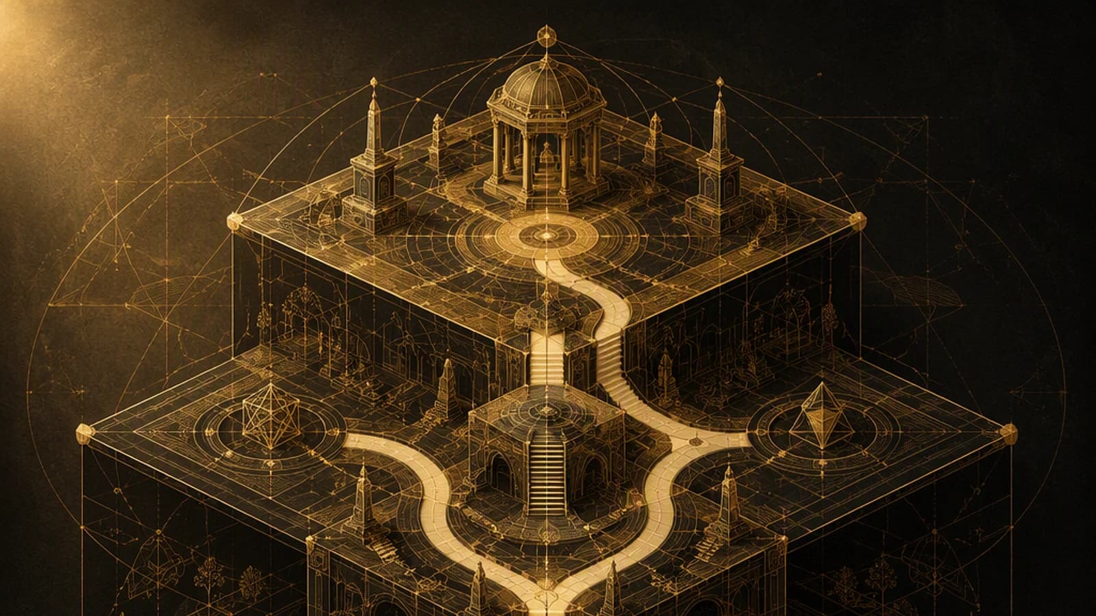 Illustration architecturale complexe avec des chemins, temples et motifs géométriques dorés.