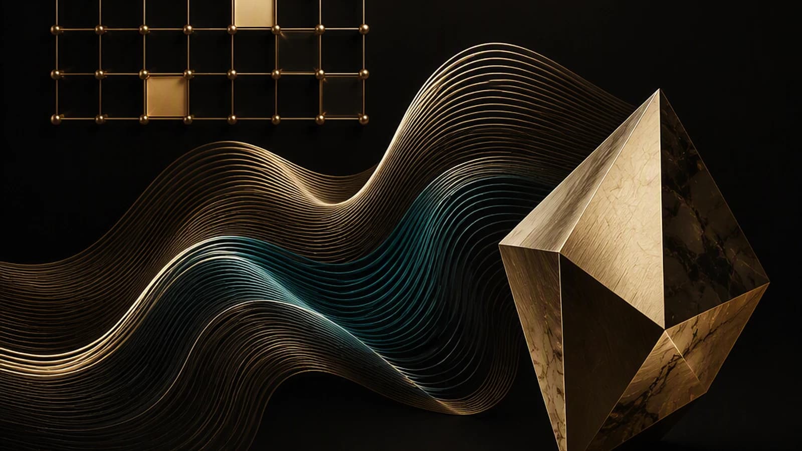 Formes géométriques et motifs ondulants en or et bleu sur fond noir.