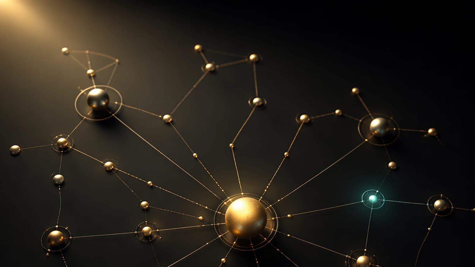 Réseau de sphères dorées interconnectées sur fond sombre.