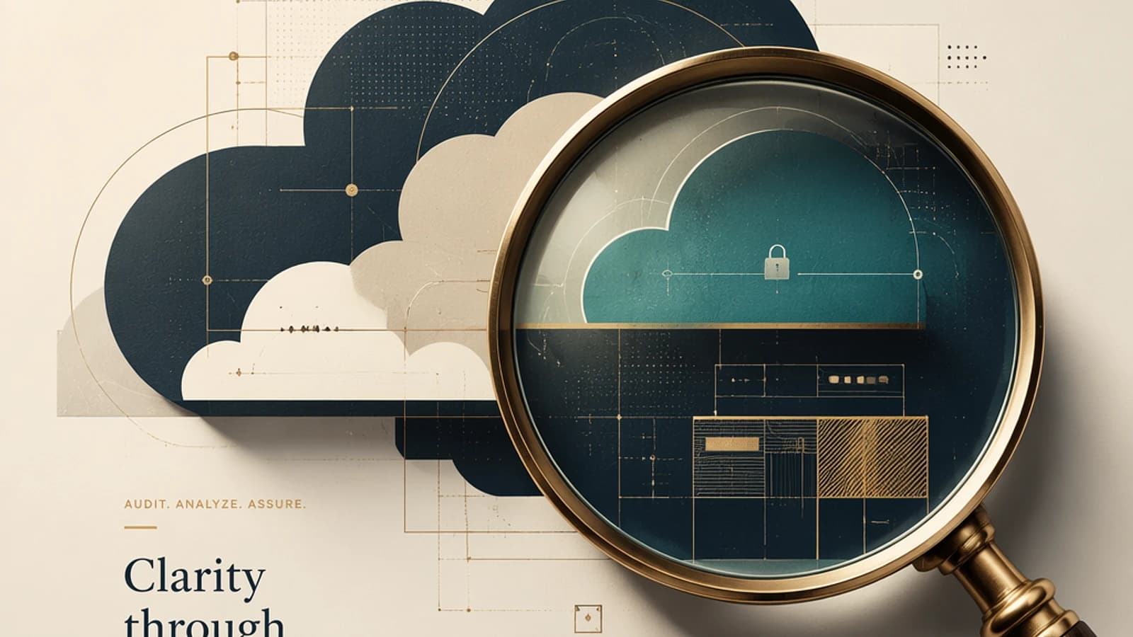 Nuages stylisés avec une loupe, symbole de cybersécurité et d'audit.