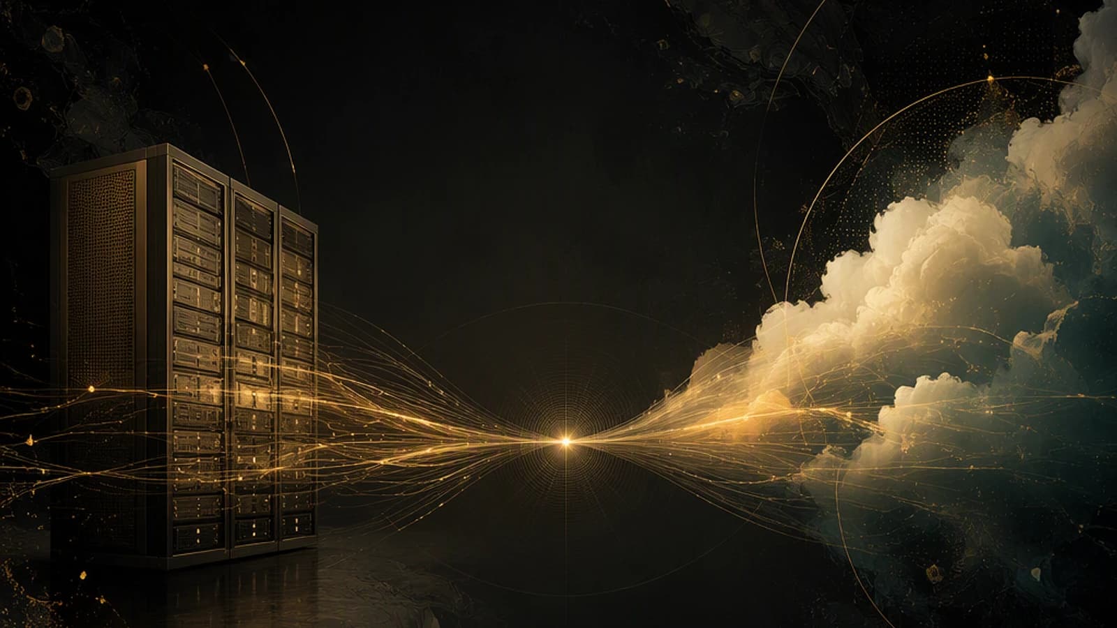 Serveur sombre avec des nuages et des lignes lumineuses d'interconnexion.
