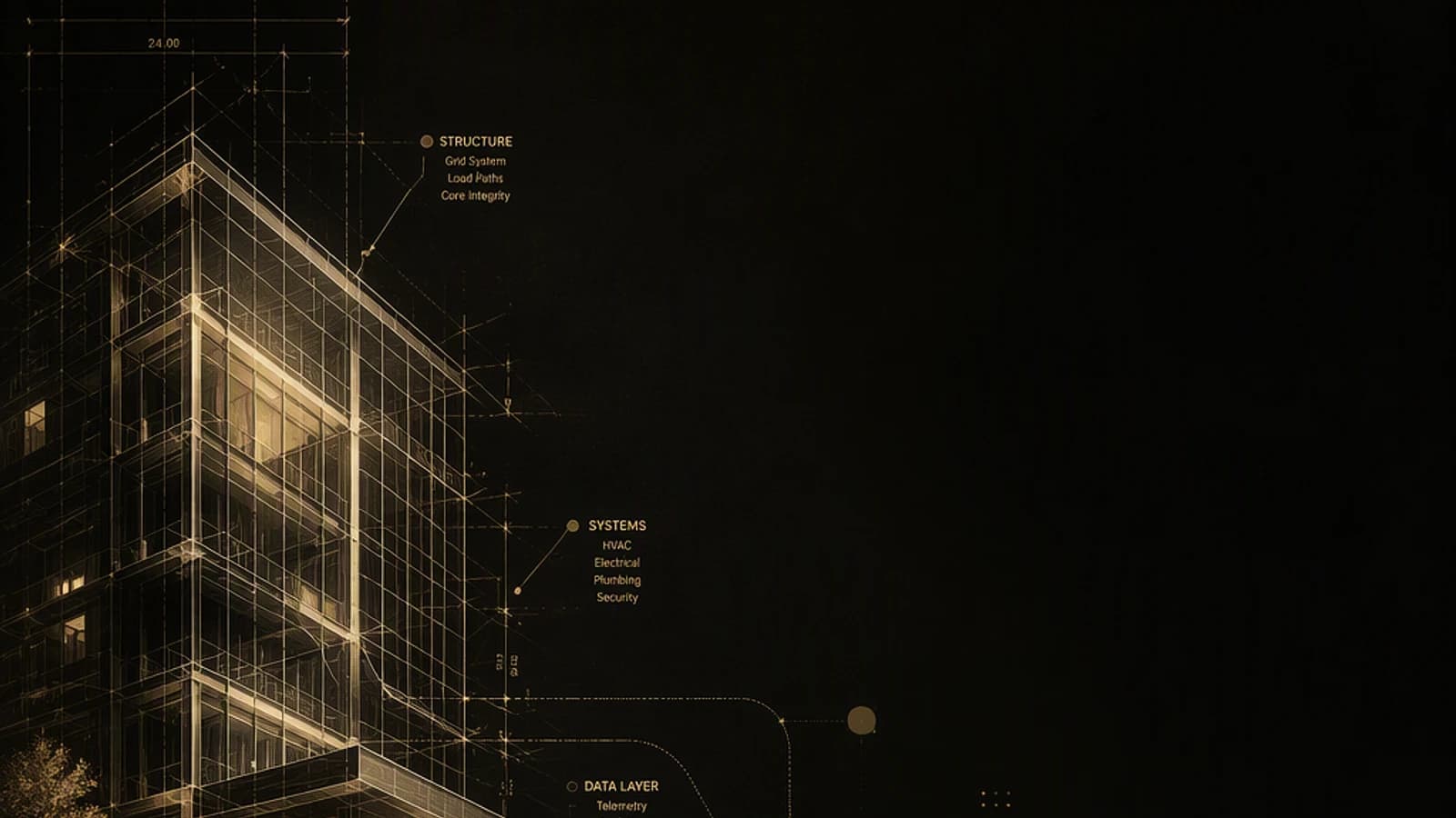 Architecture schématique d'un bâtiment avec annotations sur les systèmes et la structure.