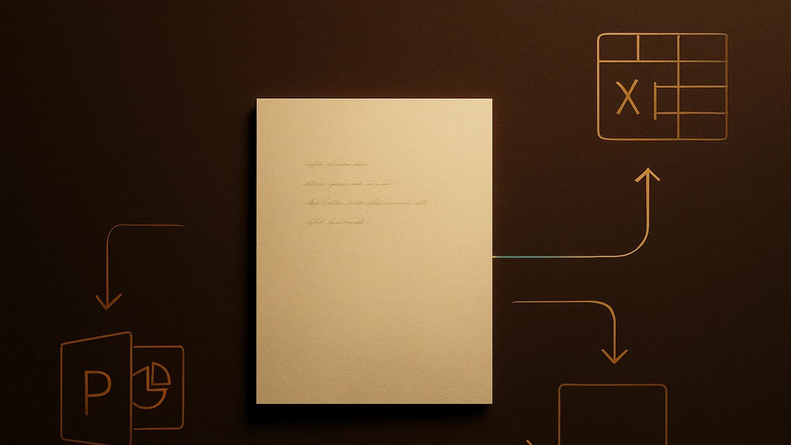 Feuille de papier avec des icônes de PowerPoint et Excel sur fond sombre.