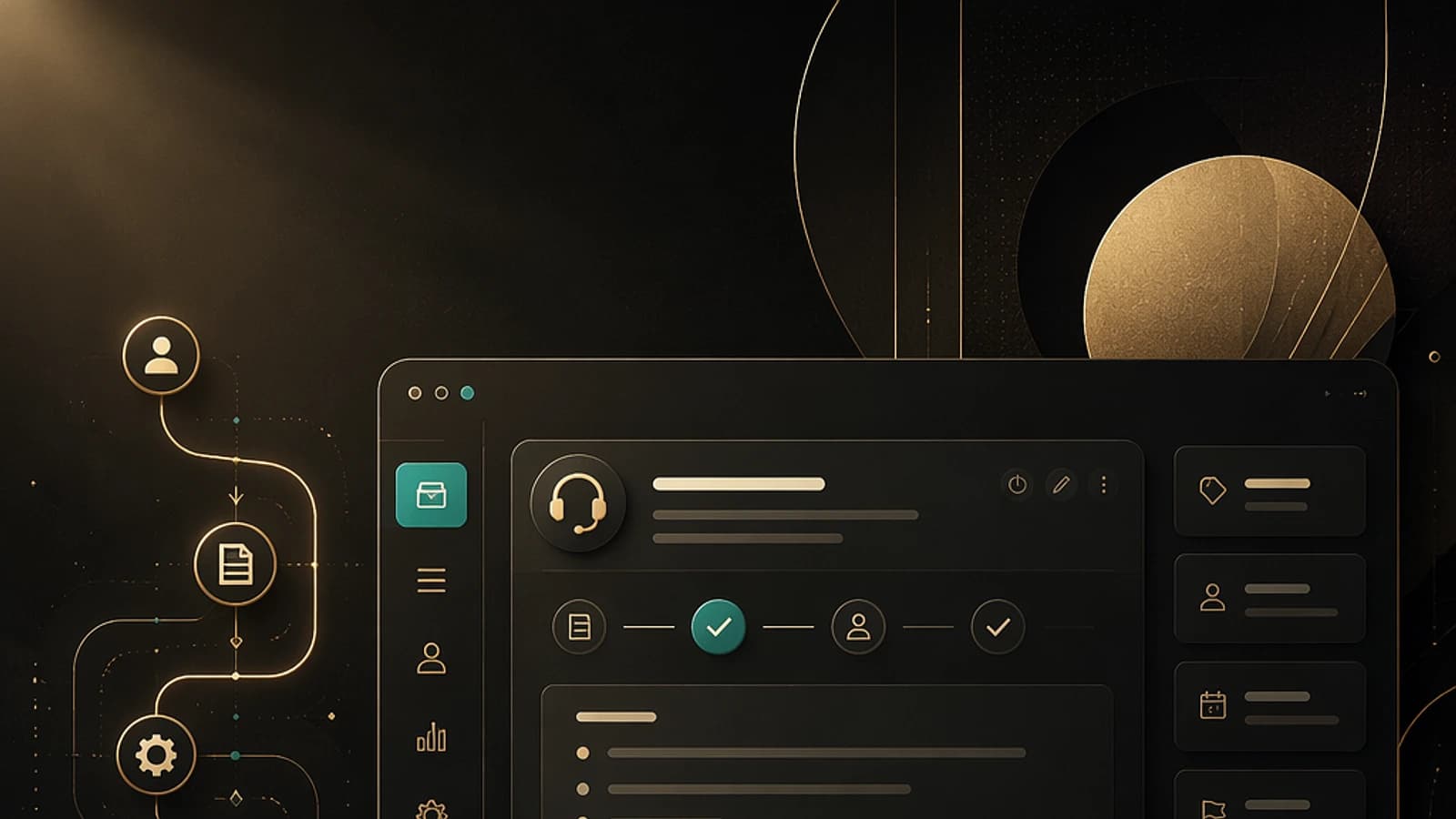 Interface utilisateur sombre avec icônes et graphiques stylisés pour gestion IT.