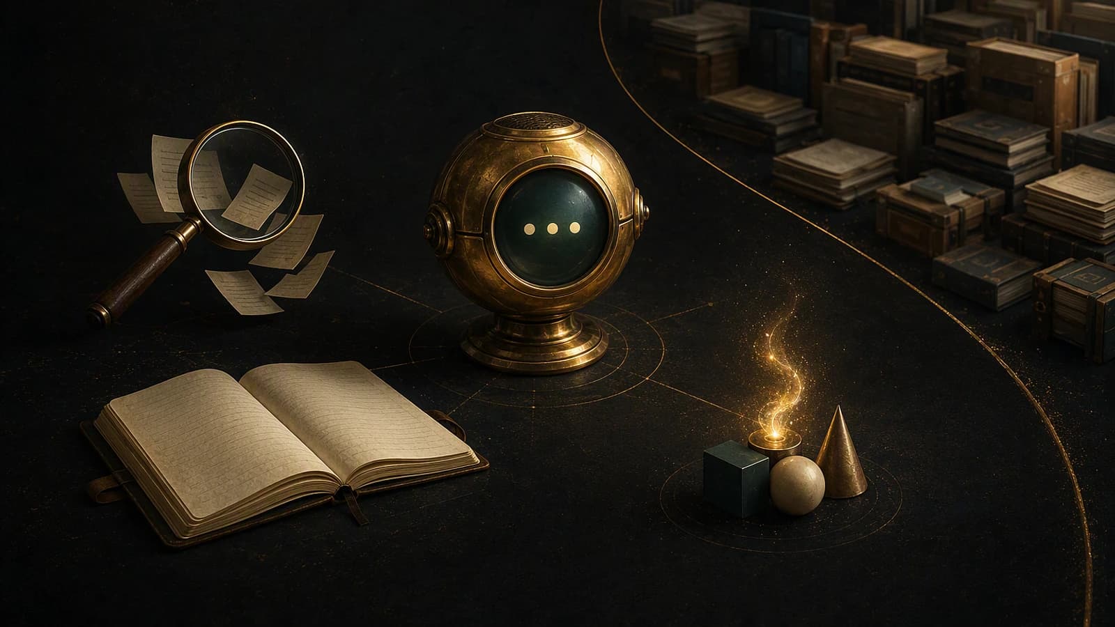 Interface symbolique de Copilot Chat : robot, livre ouvert, loupe et formes géométriques lumineuses sur fond sombre.