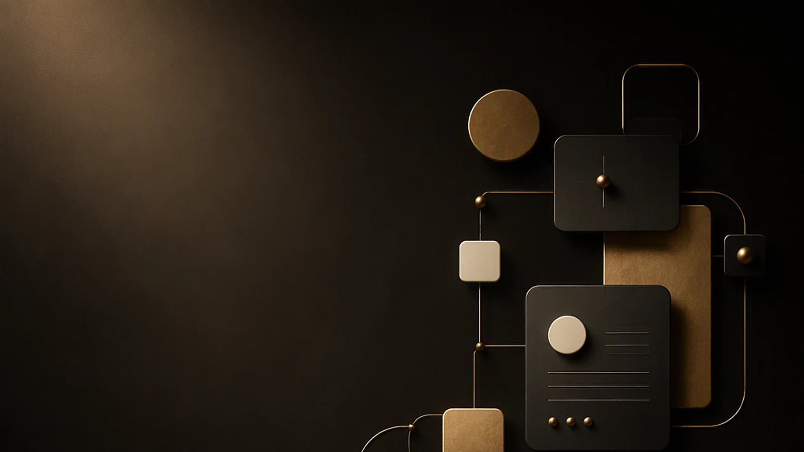 Composition géométrique sur fond noir avec formes et couleurs variées.