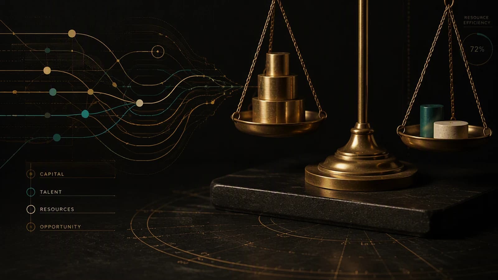 Balance dorée avec des poids et des courbes graphiques sur un fond sombre.