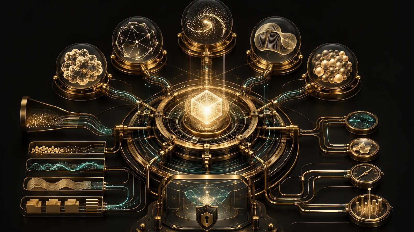 Centre lumineux relié à plusieurs modules d’analyse, données et sécurité, représentant la gouvernance d’agents multi-modèles.