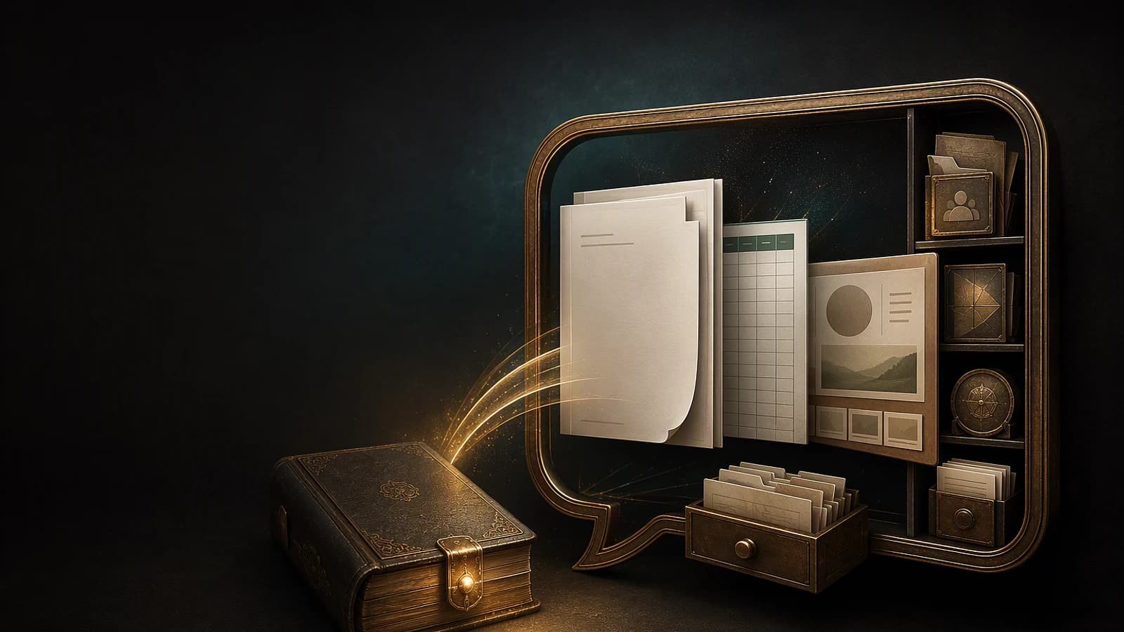 Dossiers et documents numériques émergent d’un livre ancien, évoquant la mémoire et les outils de bureau dans Copilot.