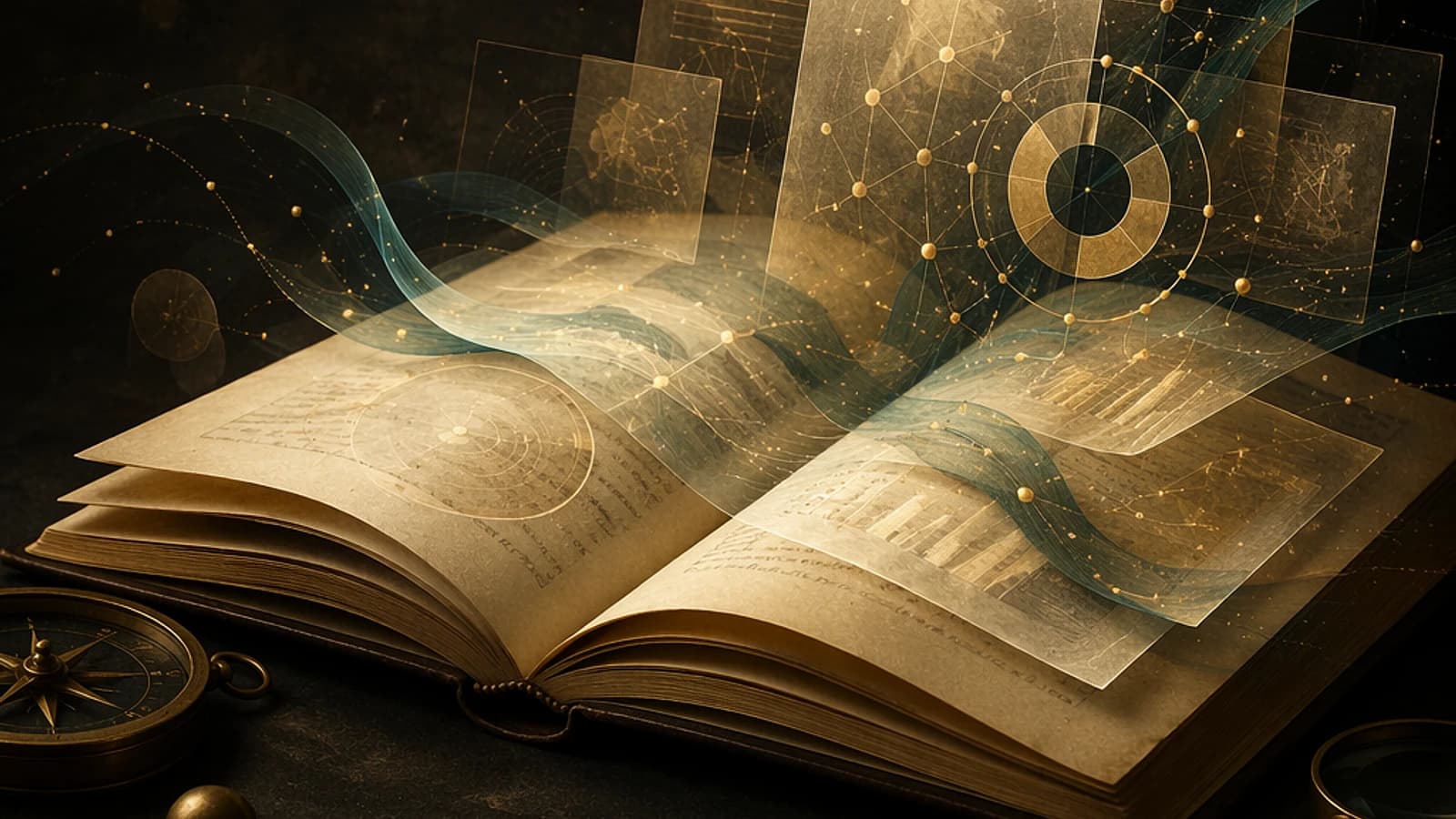 Livre ouvert avec des pages transparentes et éléments graphiques flottants.