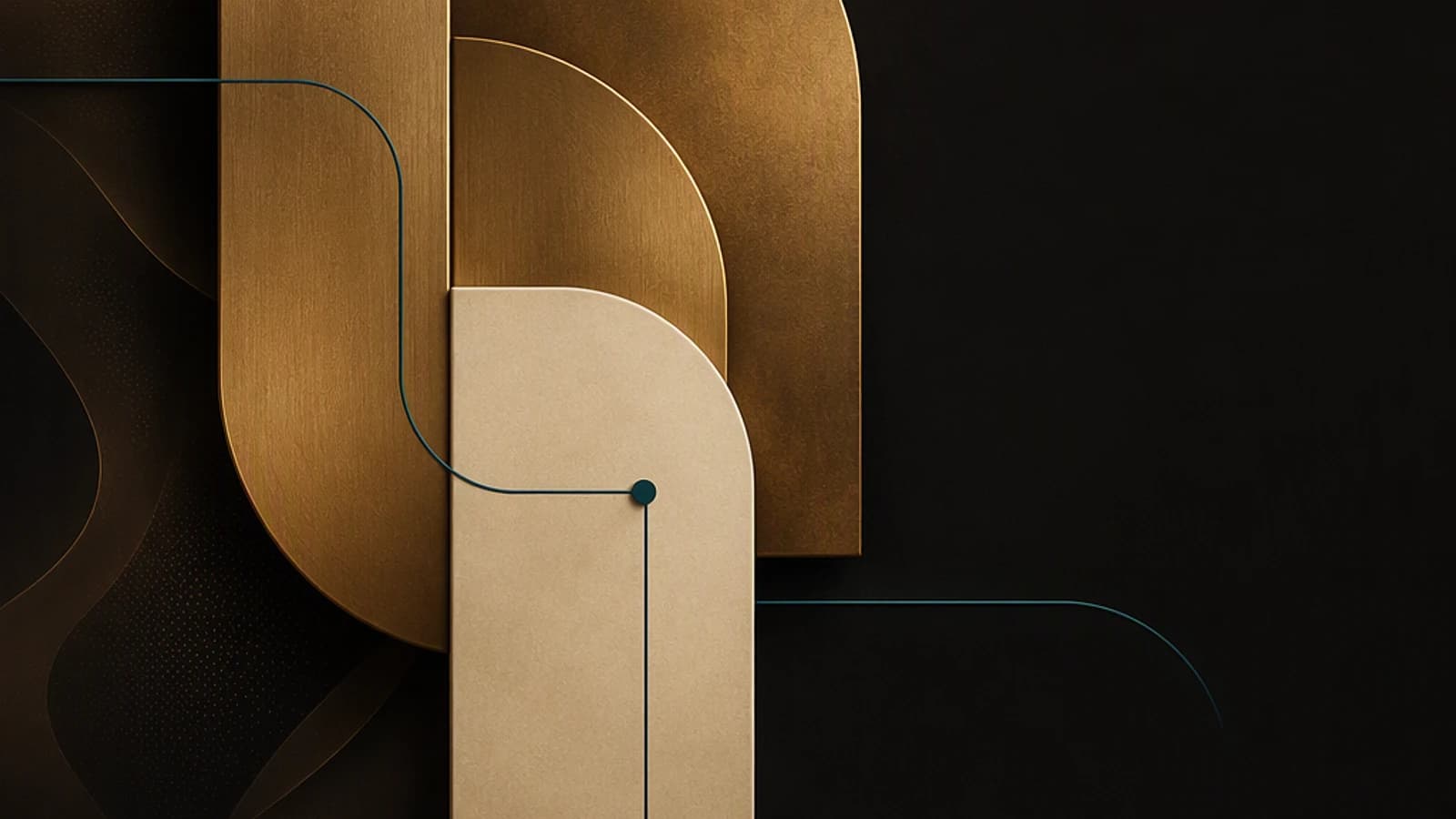 Éléments géométriques en or et beige sur fond noir avec lignes turquoise.