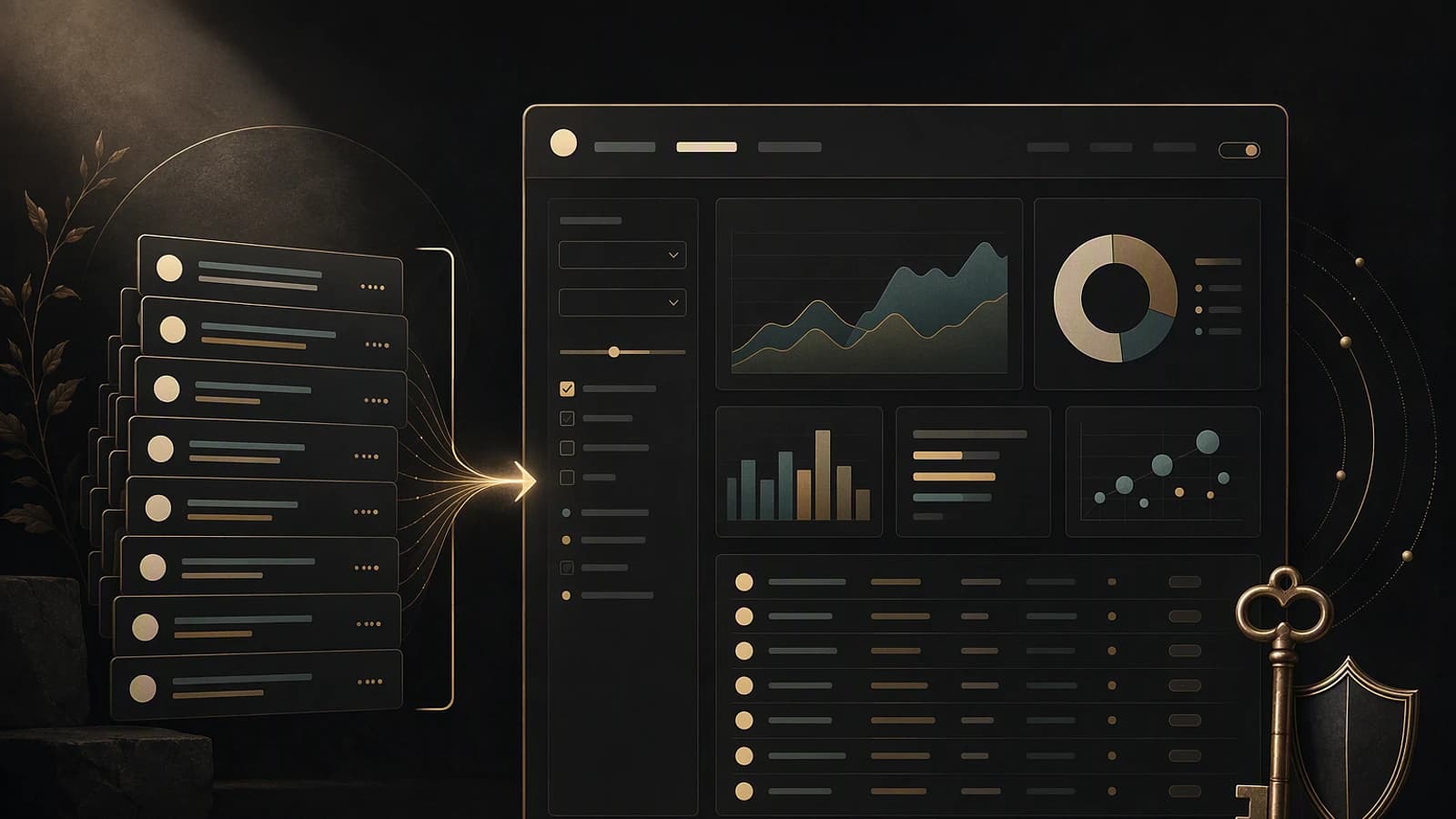Des fichiers SharePoint convergent vers un tableau de bord Copilot, avec clé et bouclier symbolisant la sécurité des données.