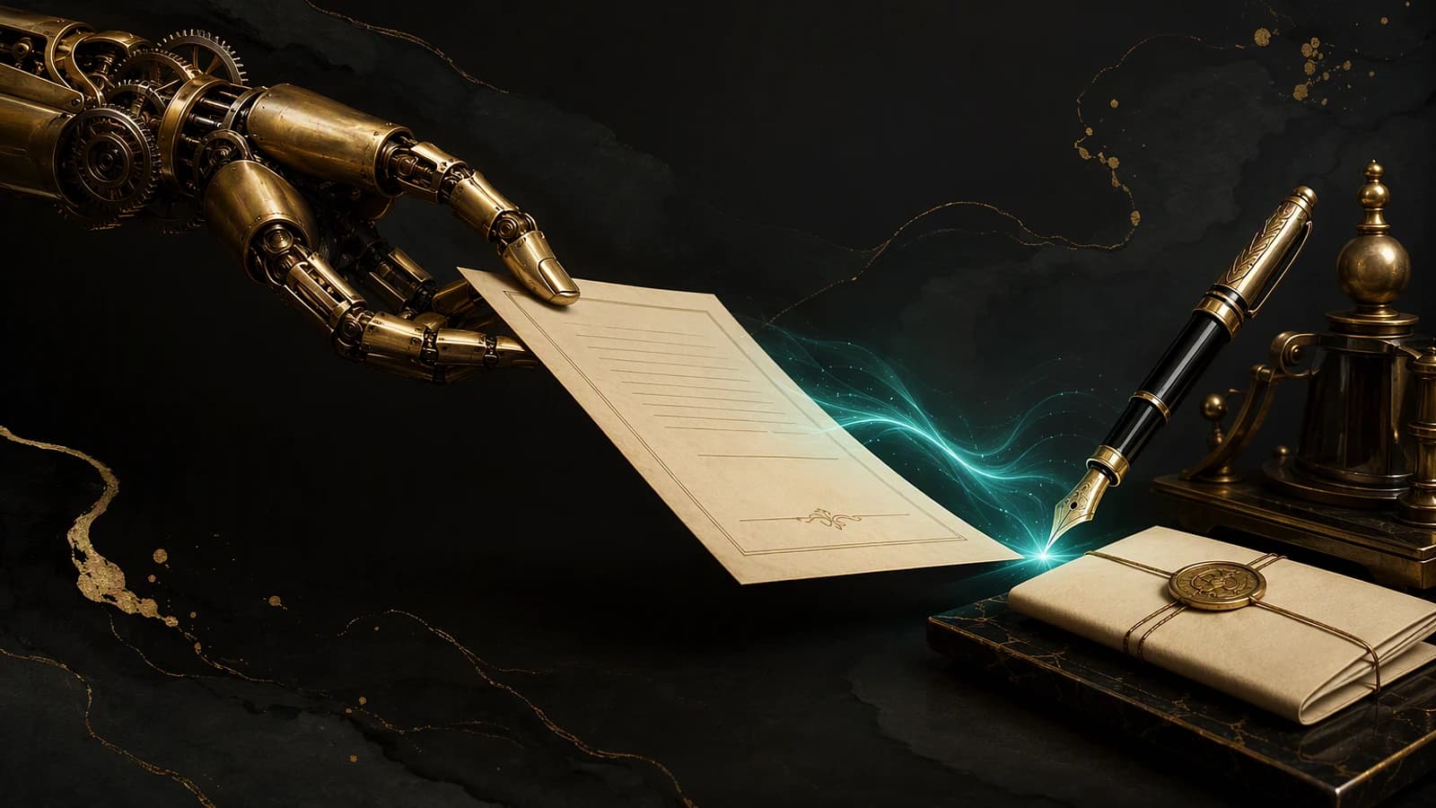 Un bras robotique tend une lettre lumineuse vers une plume, un livre et un encrier dorés.