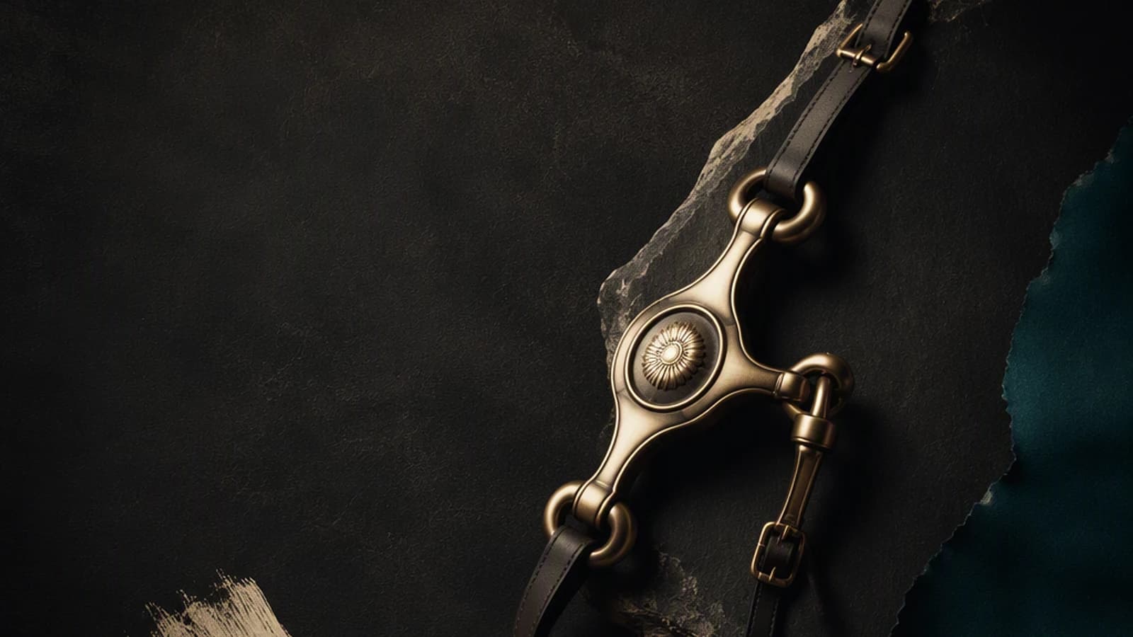 Harnais en métal doré et cuir sur un fond sombre.