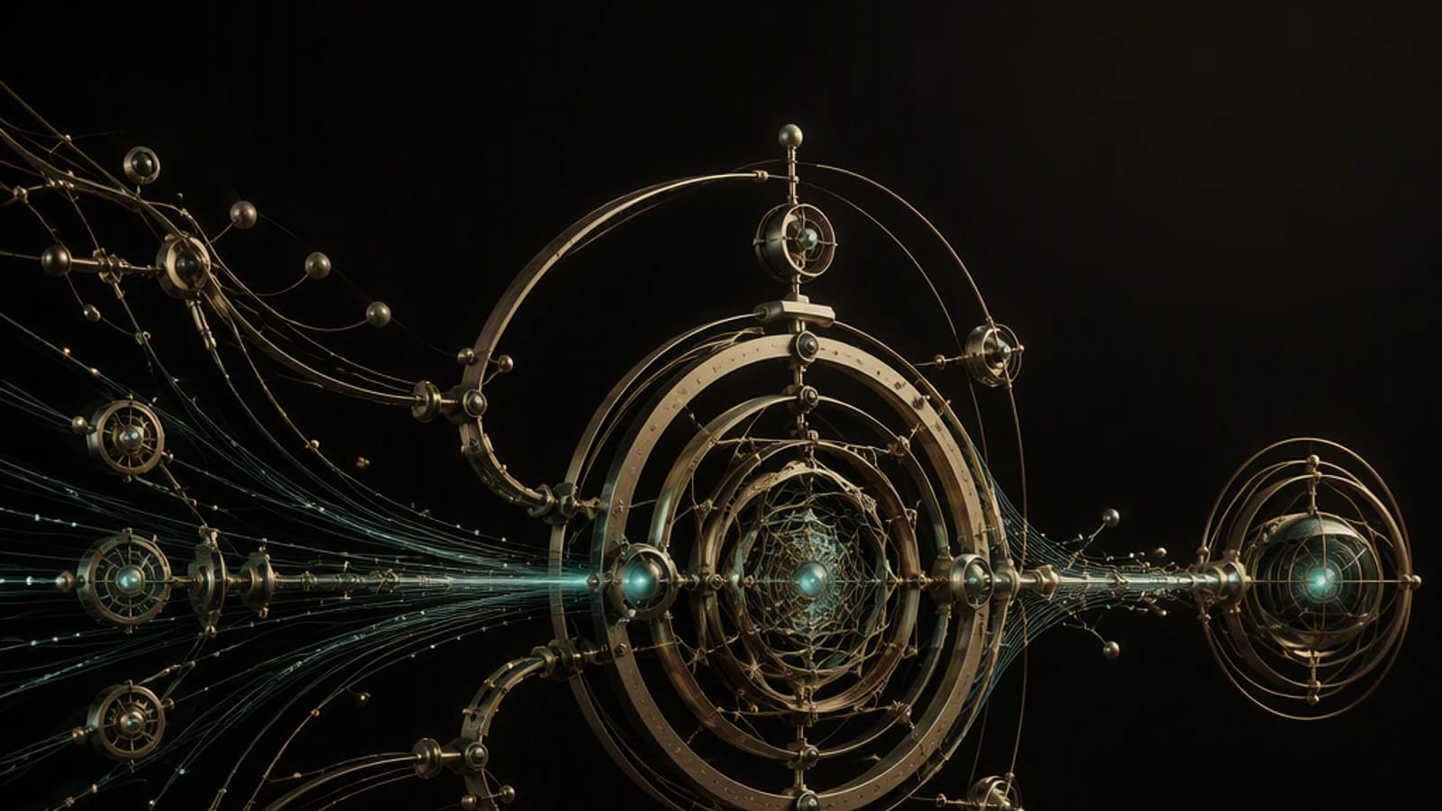 Design stylisé évoquant des éléments scientifiques et technologiques dans un fond sombre.