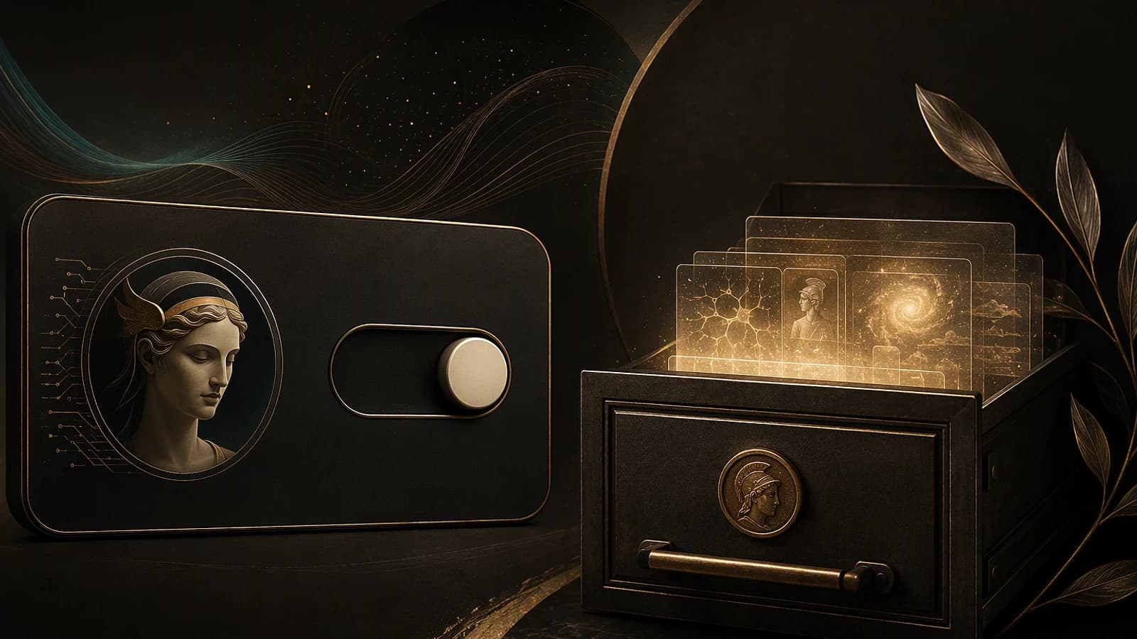 Interface sombre de Copilot Studio, avec un profil utilisateur, des dossiers lumineux et des feuilles décoratives.