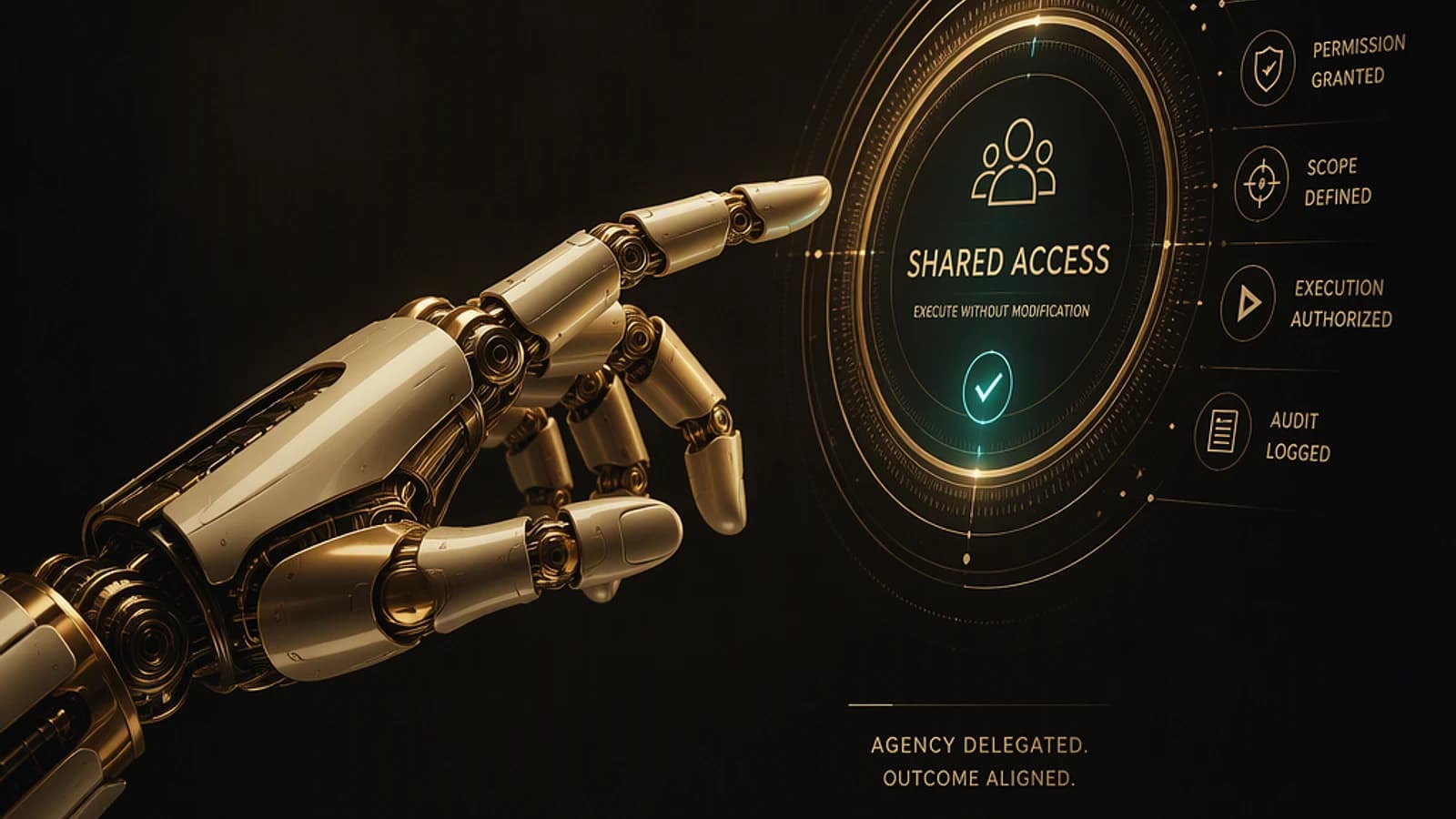 Main d'un robot montrant des options d'accès partagé sur fond sombre.