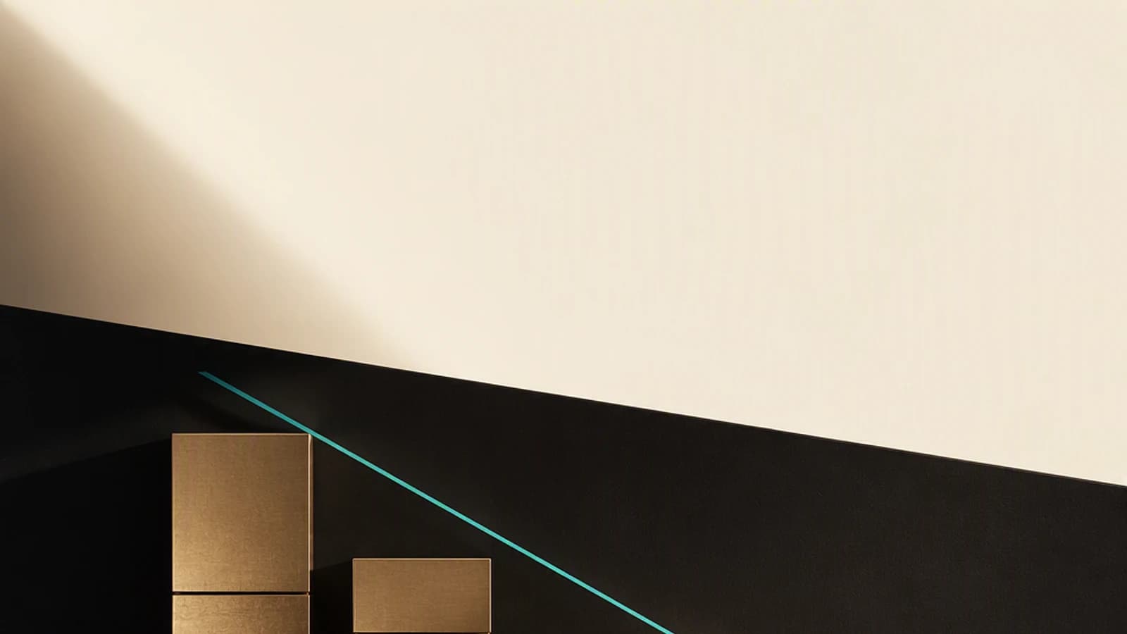 Formes géométriques en or sur fond noir et beige, avec une ligne turquoise.