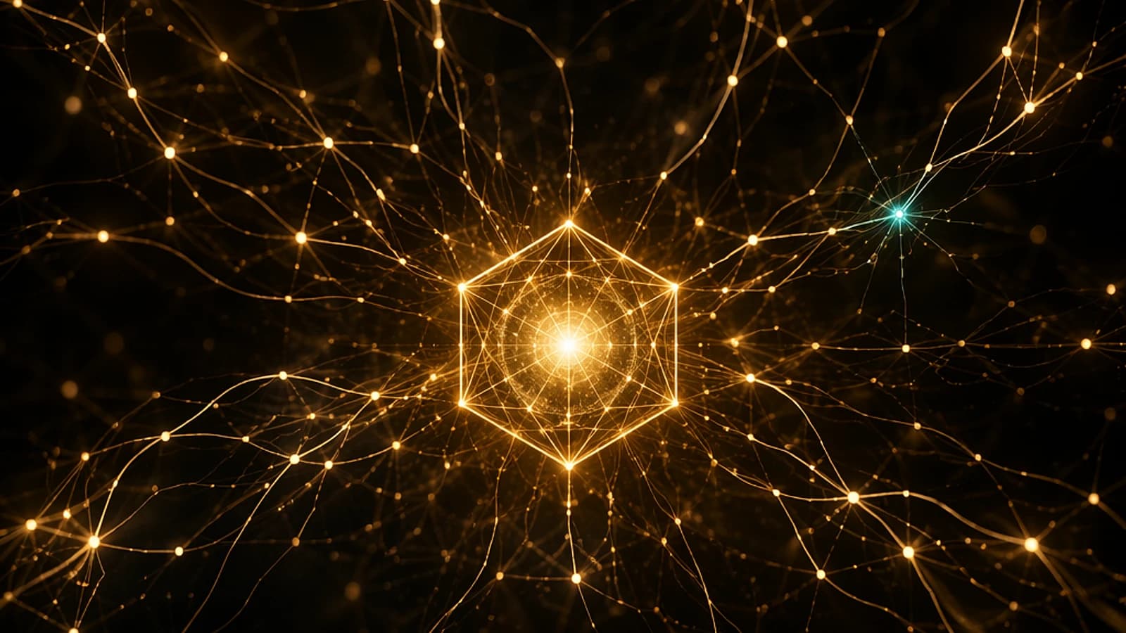Réseau de lignes lumineuses dorées formant un hexagone au centre.