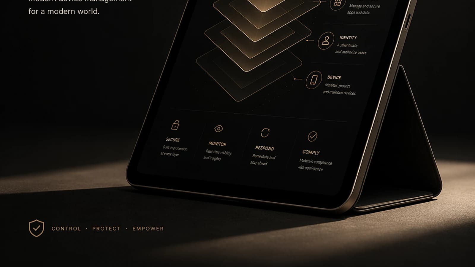 Tablette affichant des éléments de Microsoft Intune, avec des icônes et du texte.