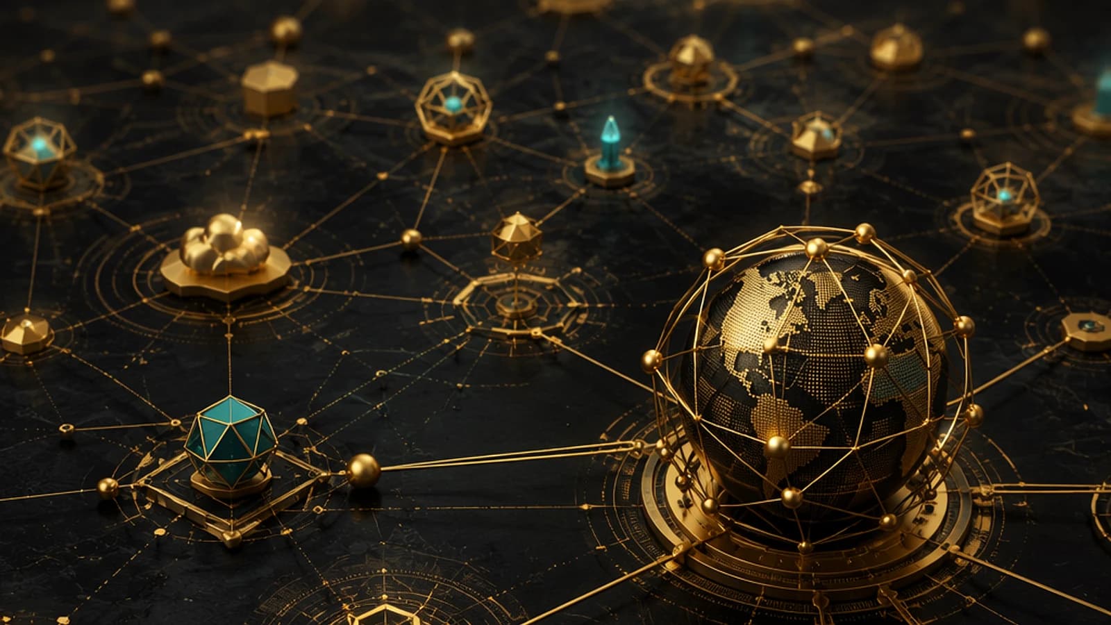 Modèle 3D d'un globe terrestre connecté par des réseaux dorés.