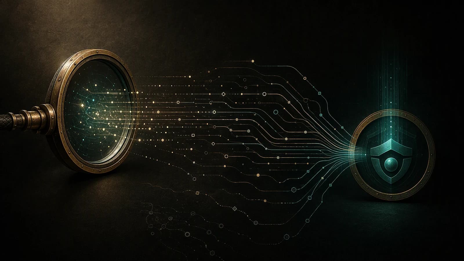 Des flux de données lumineux relient un connecteur à un bouclier numérique, évoquant la collecte de télémétrie de sécurité.