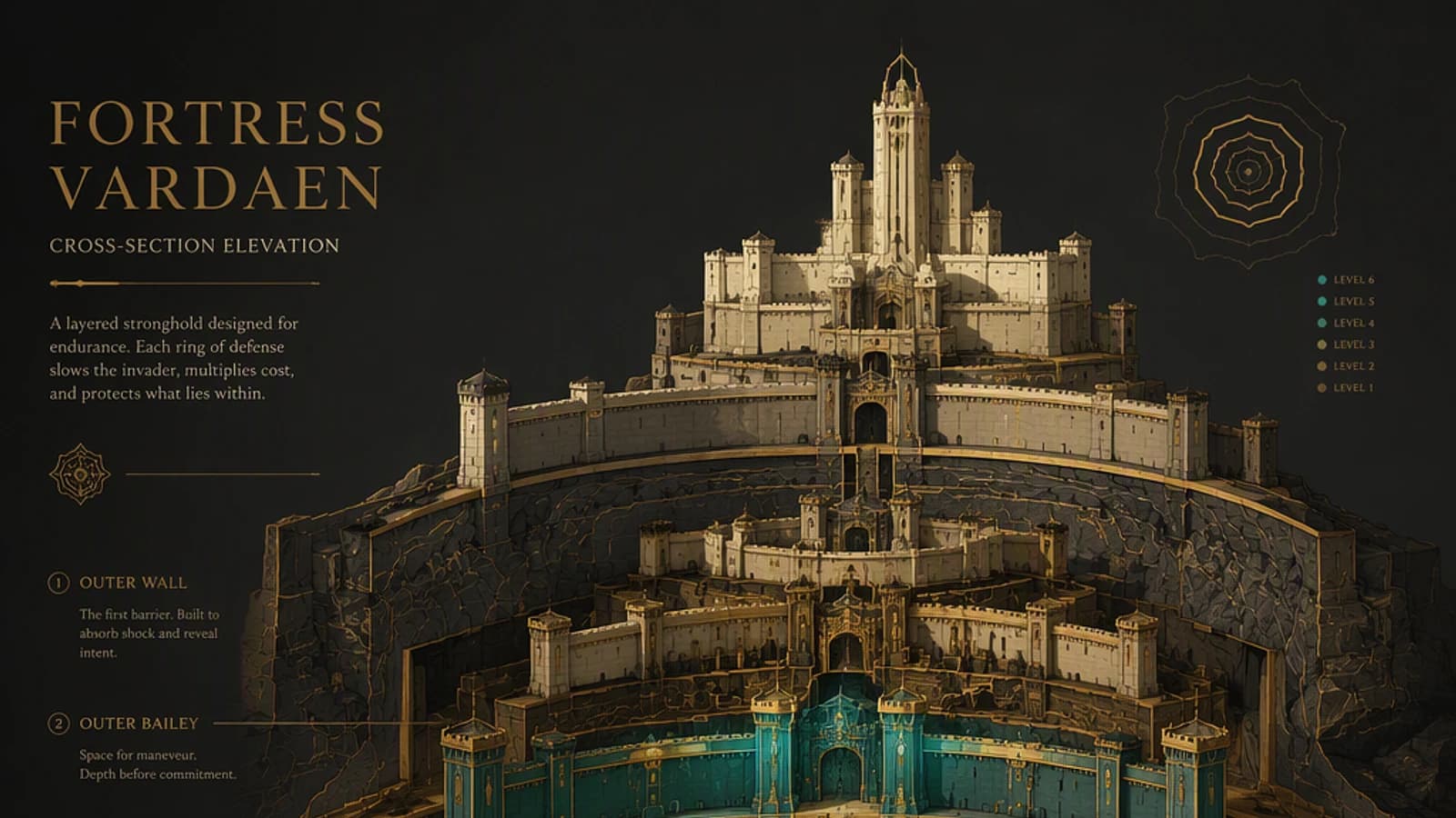 Forteresse stratifiée avec plusieurs niveaux de défense illustrée en coupe transversale.