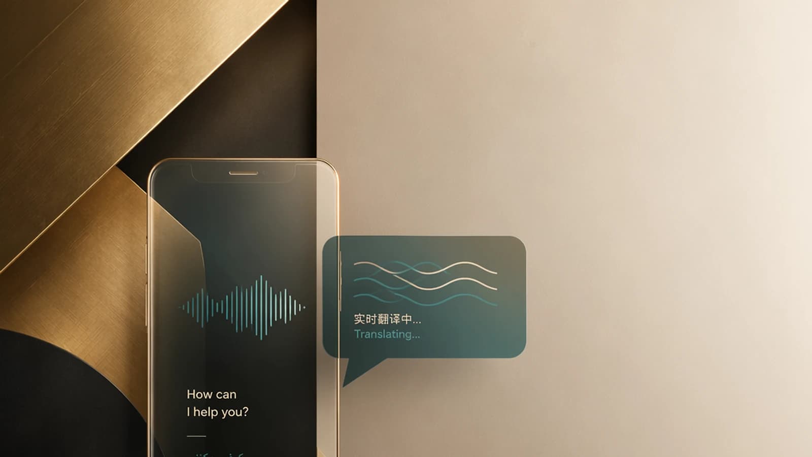 Smartphone affichant une interface de traduction avec une onde sonore.
