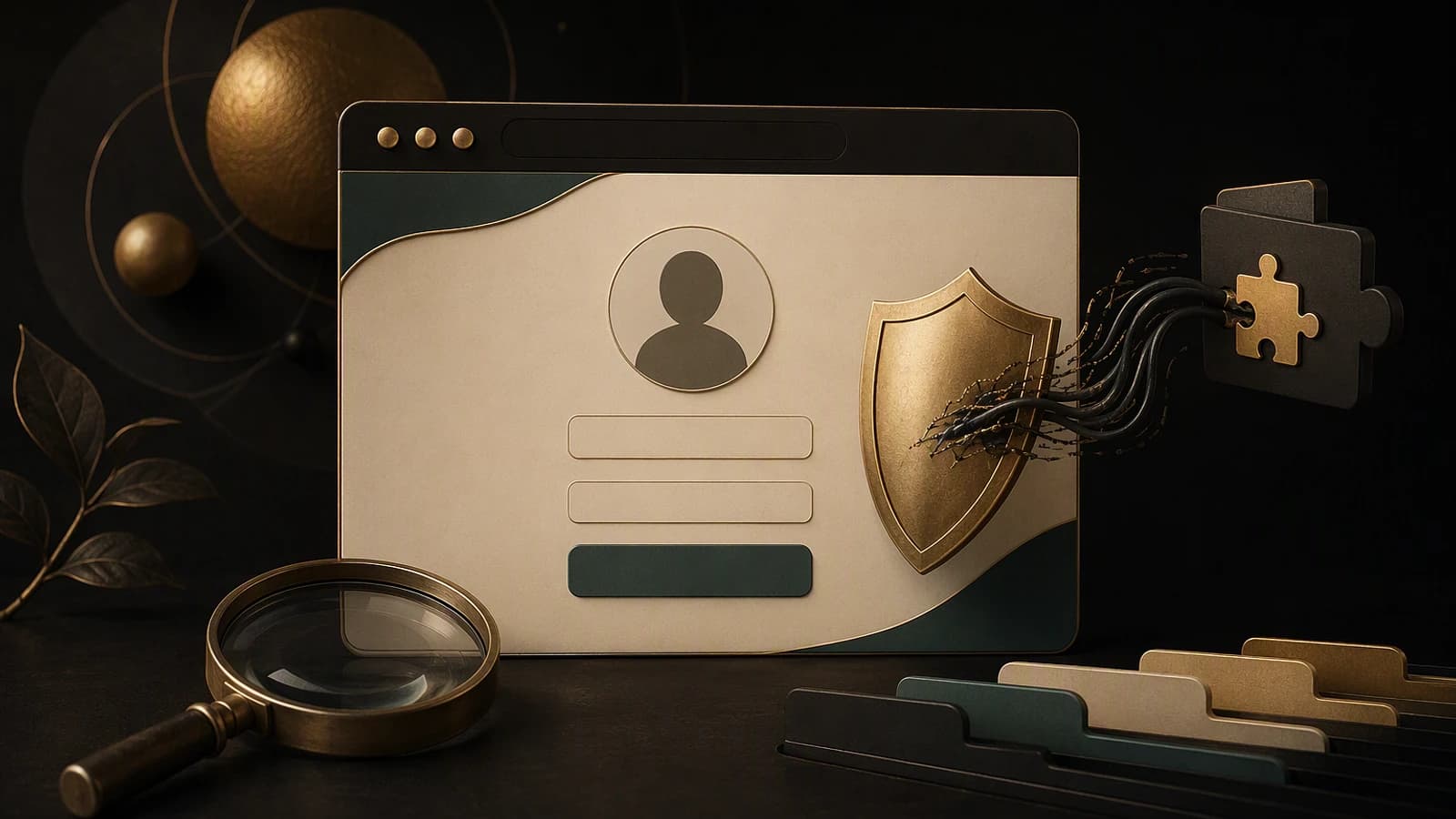 Interface de connexion Entra ID avec bouclier, puzzle, dossiers et loupe, évoquant l’audit de sécurité et de branding.