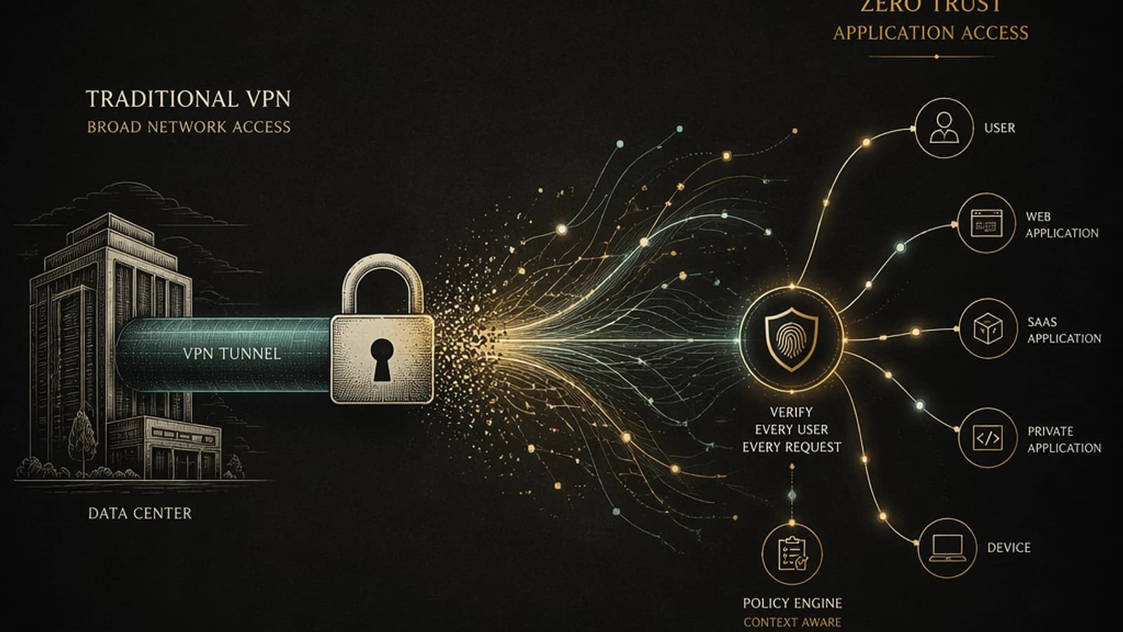 Comparaison entre VPN traditionnel et accès ZTNA avec vérifications sécurisées.