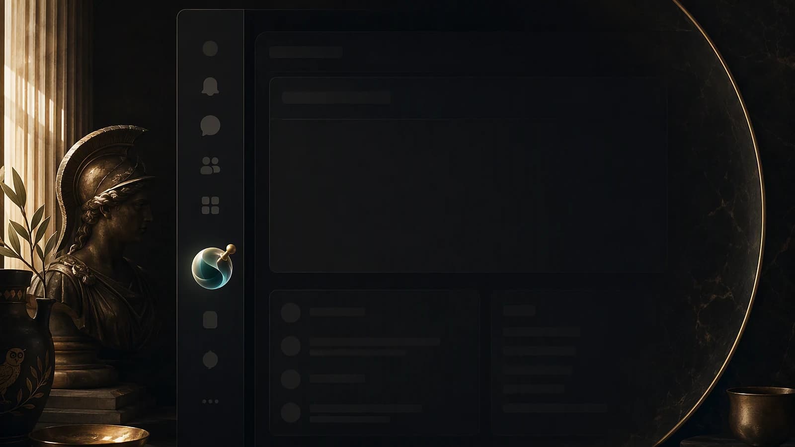 Interface sombre de Teams avec un menu latéral et des panneaux, encadrée d’éléments décoratifs dorés.