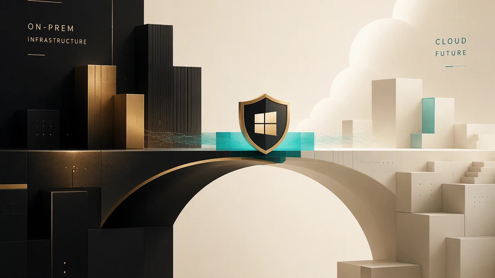 Pont stylisé entre une infrastructure sur site et un avenir cloud.