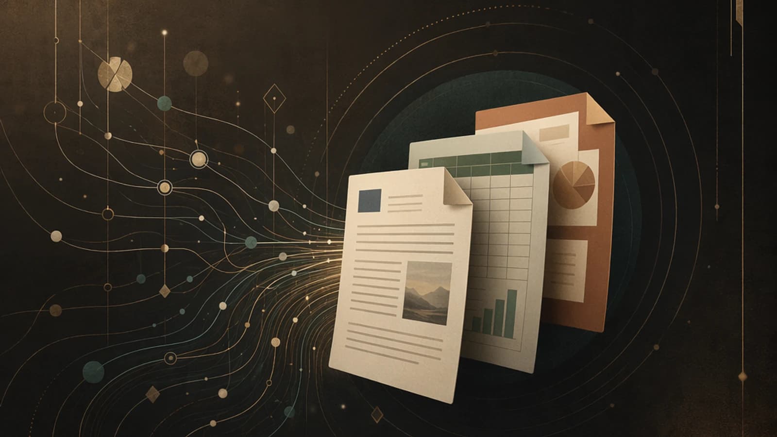 Documents et graphiques stylisés sur fond sombre avec motifs graphiques.