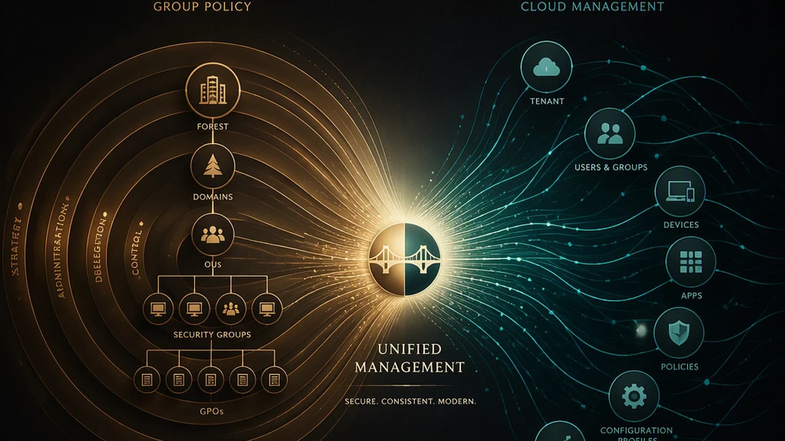 Schéma comparatif entre Group Policy et Intune pour la gestion unifiée.
