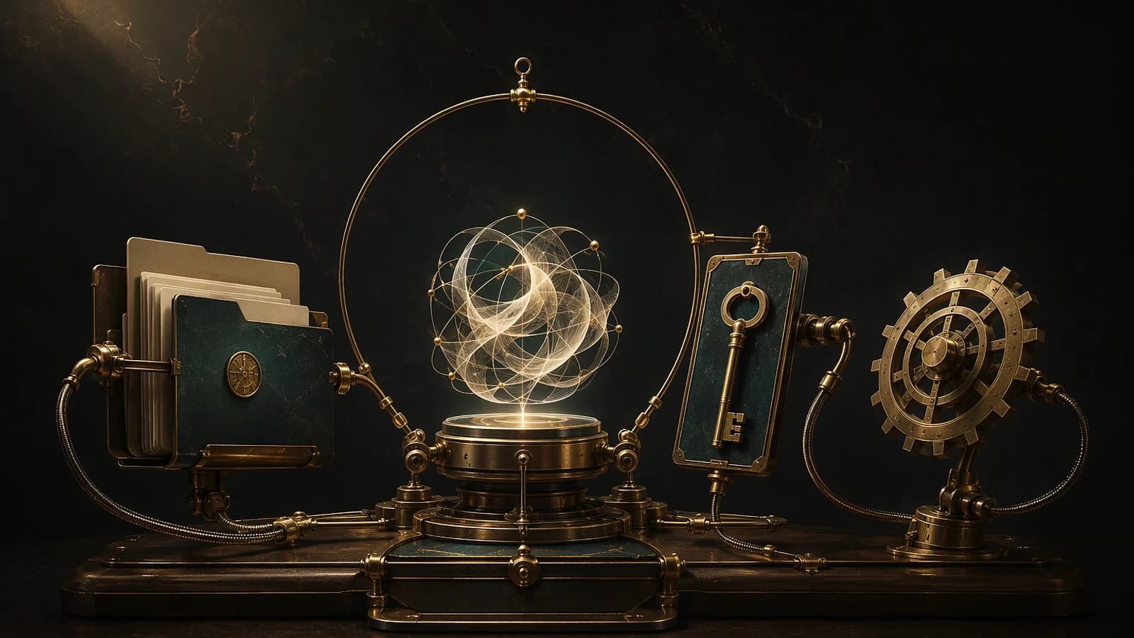 Machine steampunk aux engrenages, dossiers et téléphone, générant une sphère lumineuse au centre.