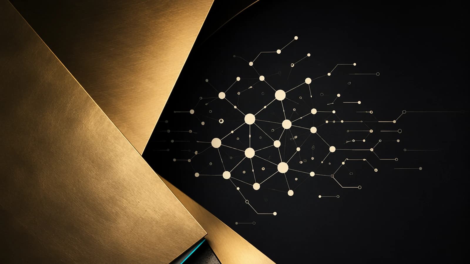 Graphique abstrait avec motifs de réseaux sur fond noir et doré.