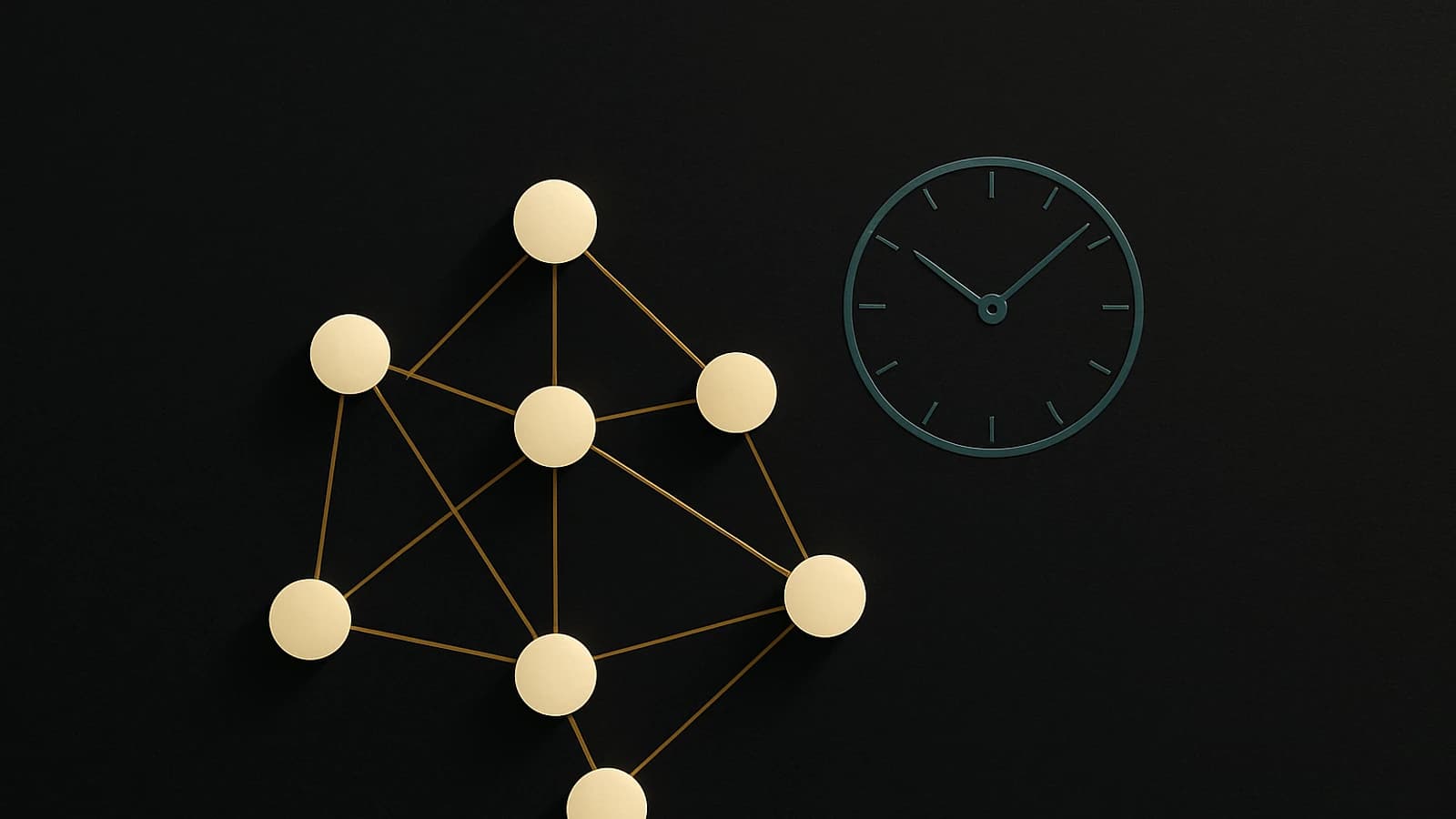 Réseau représenté par des cercles connectés et une horloge sur fond noir.